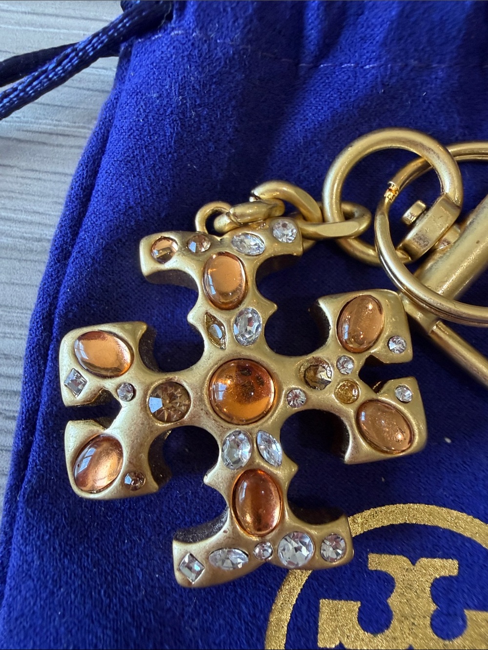 New Tory Burch Gold-Tone Logo Key Ring with Amber Enamel Accents